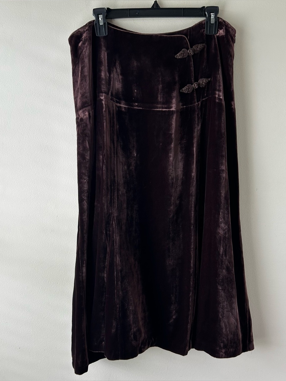 Garnet Hill Silk Blend Velvet Midi Skirt Decorative Frog Closures Brown 16